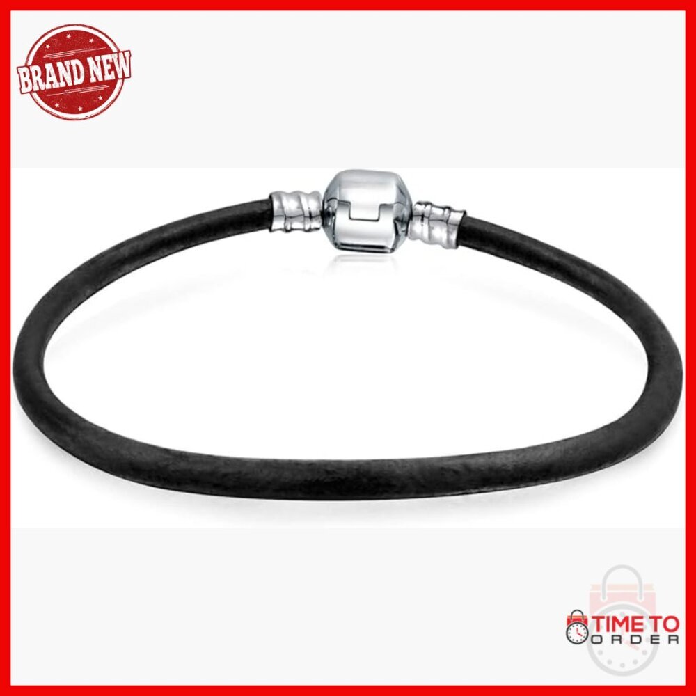 Sterling Silver Leather Charm Bracelet 6.5 Inches Starter European Beads